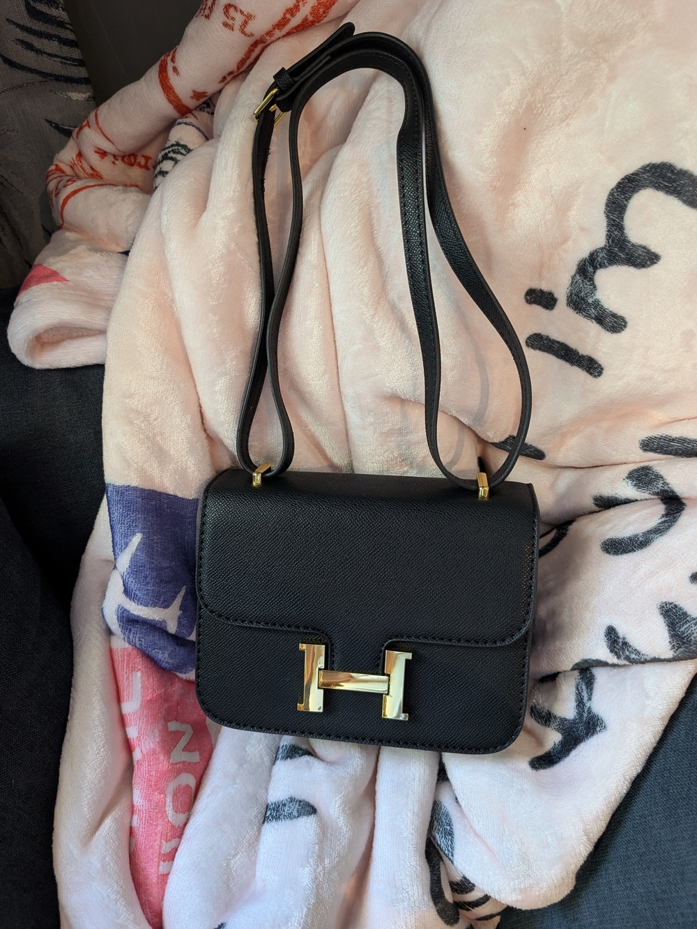 Black Leather Crossbody Bag with Gold H‑Clasp